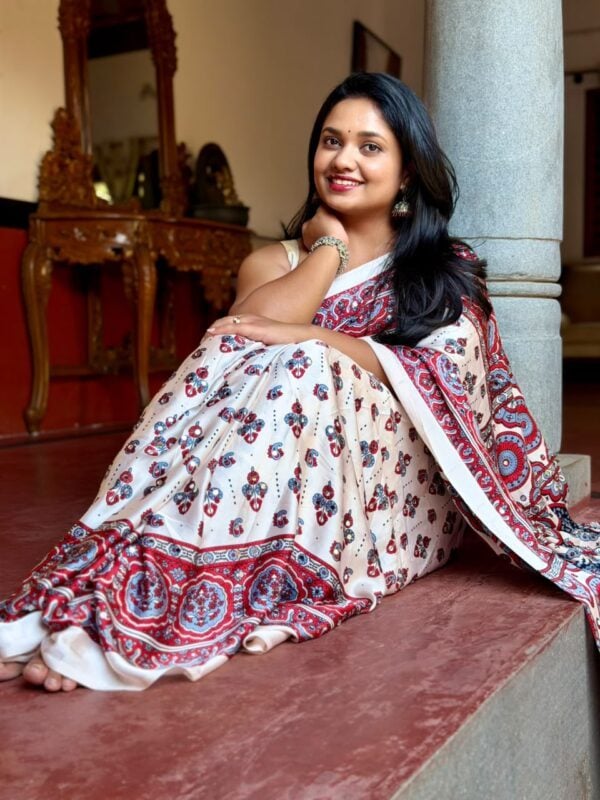 Ajrakh, Ivory Hand Block Mul Cotton