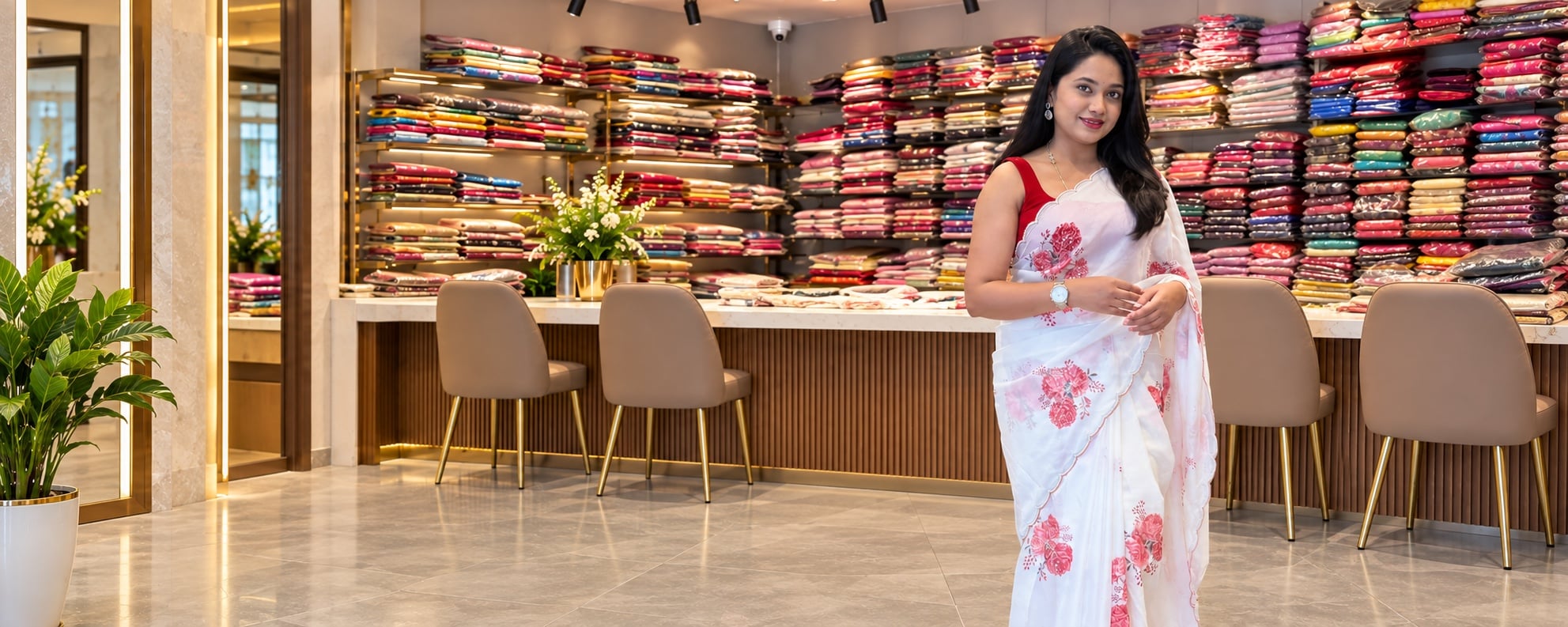 Model in an ivory organza saree with painted roses, standing in the Anthariya boutique