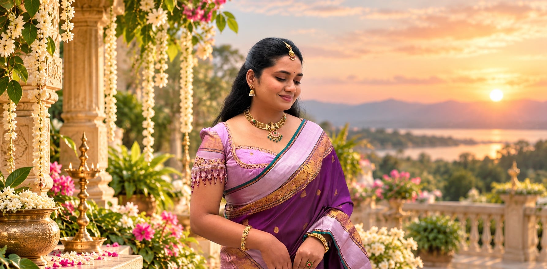 Model in a plum Kanjivaram silk saree with lilac and gold zari border, on a flower-filled terrace at sunset
