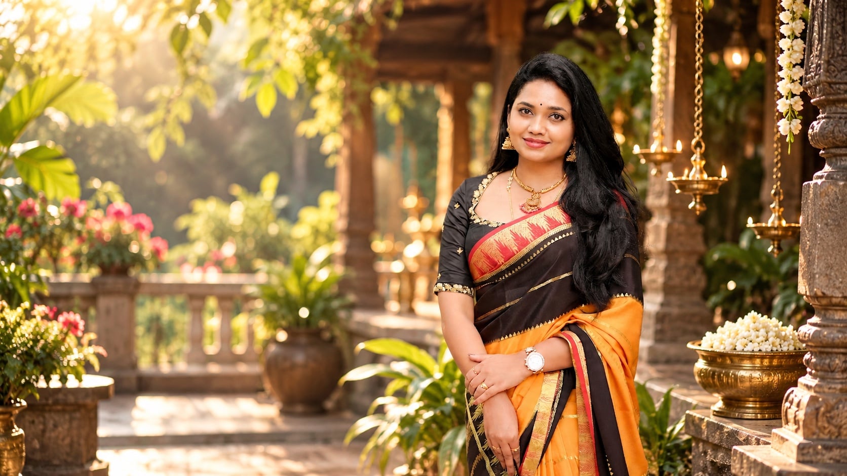 Model in a black and mango yellow silk saree with red and gold zari border, in a sunlit temple courtyard